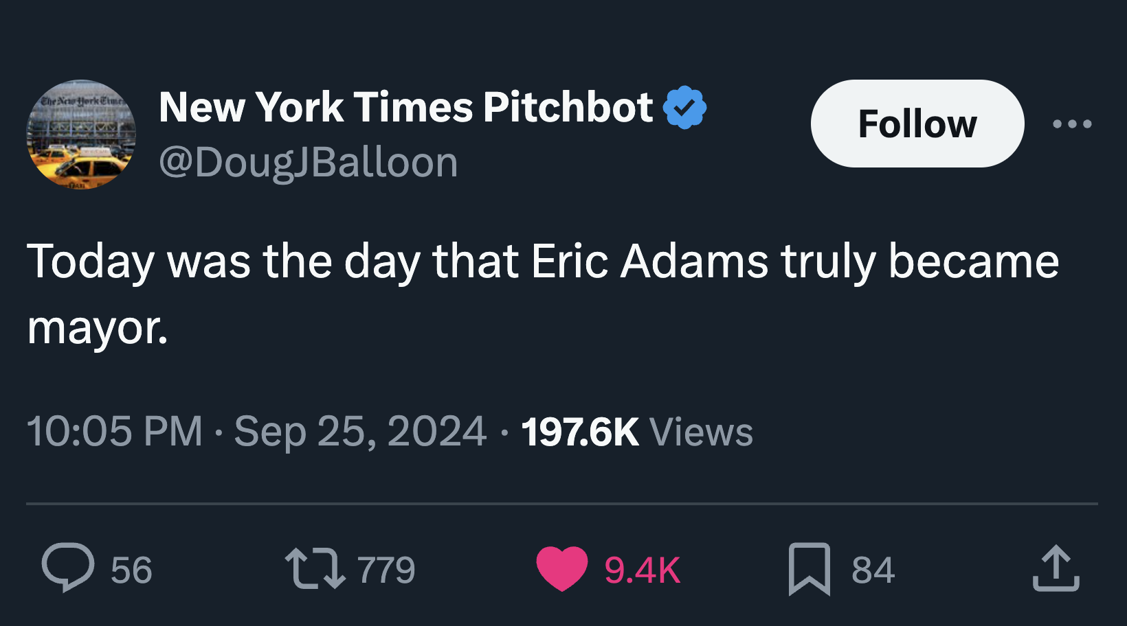 screenshot - The New York Etme New York Times Pitchbot Today was the day that Eric Adams truly became mayor. Views 56 17779 84